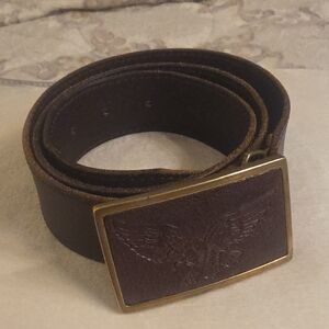 Linea Pelle Dark Brown Leather Belt with Brass-Tone Embossed Buckle